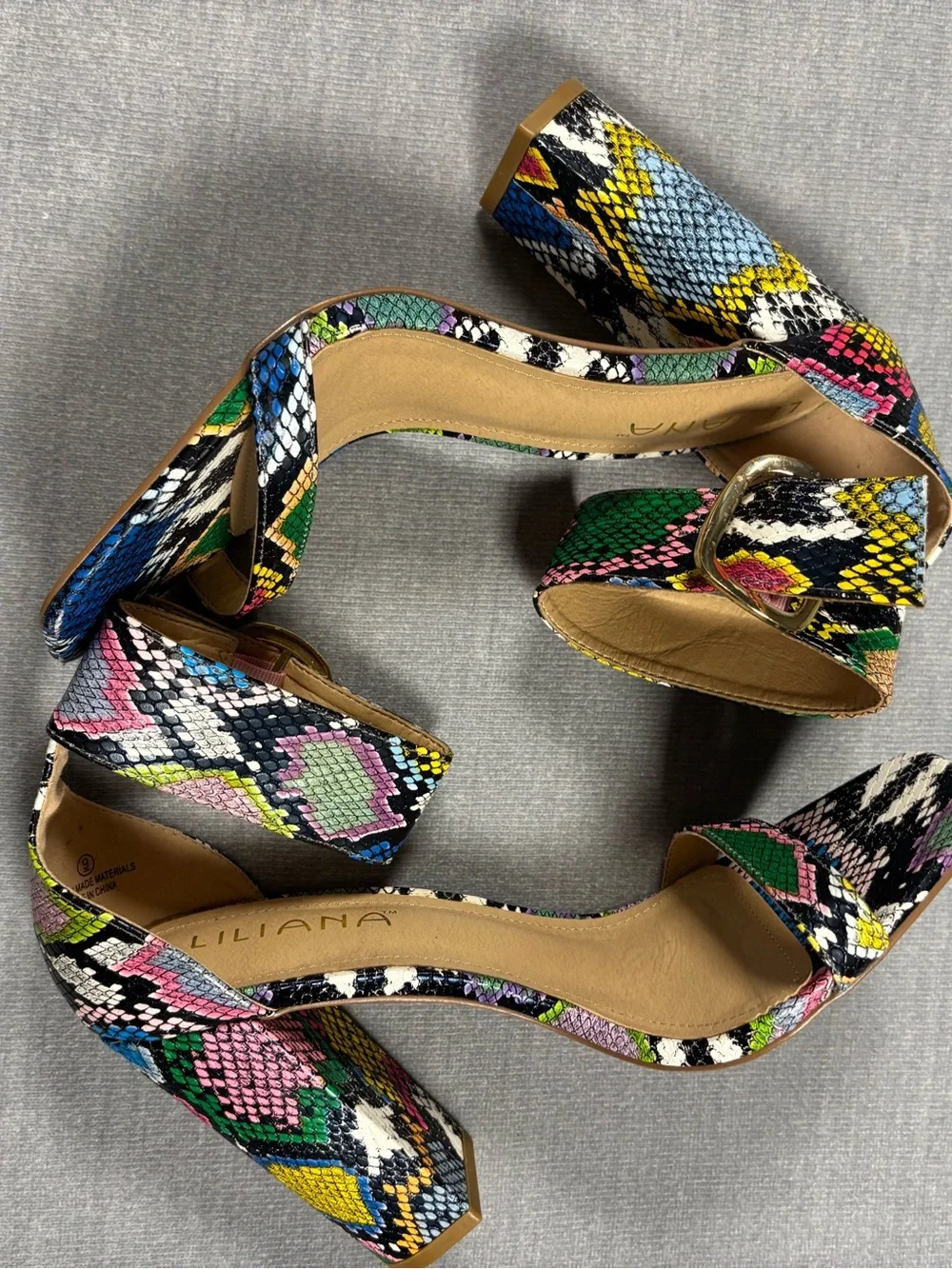 Multi-Color Snake-Print Ankle Strap Heels